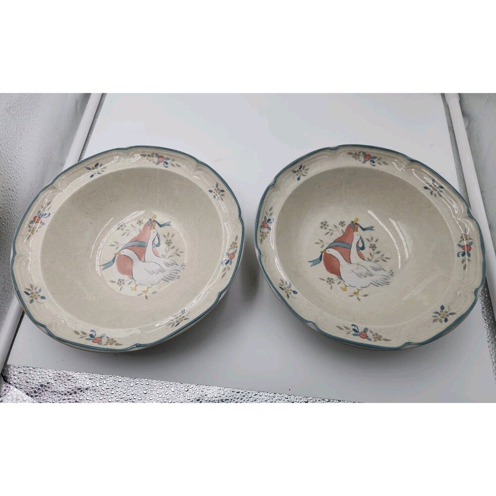 2 Vtg Cottagecore International Marmalade Geese Serving Bowl 9" Stoneware Goose